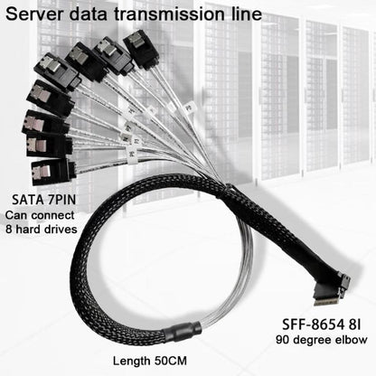 WG192 Slimline SAS4.0 SFF-8654 8i to SATAx8 Server Hard Drive High-Speed ??Adapter Cable, 0.5m Elbow