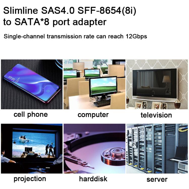 WG192 Slimline SAS4.0 SFF-8654 8i to SATAx8 Server Hard Drive High-Speed ??Adapter Cable, 0.5m Elbow