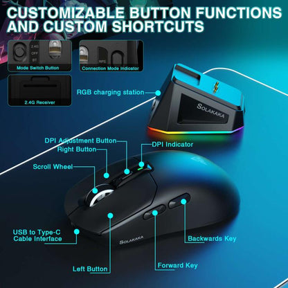 SOLAKAKA SM820 Tri-Mode 22000DPI 1000Hz Wireless Gaming Mouse with RGB Charging Dock