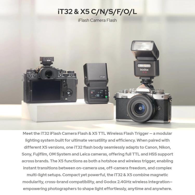 Godox iT32 iFlash Camera Flash & X5 TTL Wireless Flash Trigger, For Canon, For Nikon, For Sony, For FUJIFILM, For Olympus / Panasonic, For Leica