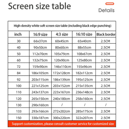 Simple Folding High Density Polyester Projector Film Curtain, 60 inch (4:3) Projection Area: 120x90cm, 72 inch (16:9) Projection Area: 159x90cm, 72 inch (4:3) Projection Area: 146x110cm, 84 inch (16:9) Projection Area: 186x105cm