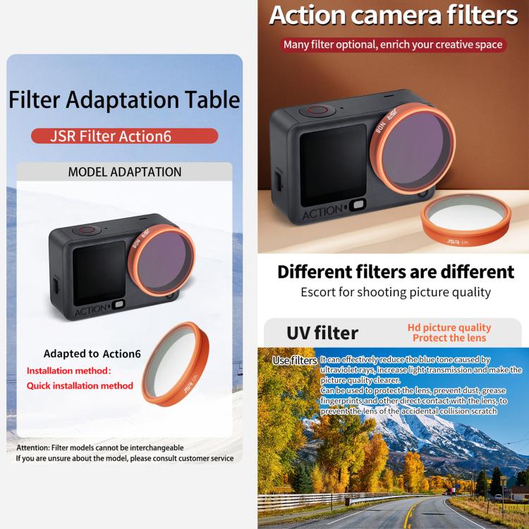 For DJI Osmo Action 6 JSR KO Series Camera Lens Filter, UV, CPL, ND8, ND16, ND32, ND64, ND8PL, ND16PL, ND32PL, ND64PL, STAR, NIGHT, Black Mist 1/4, 3 in 1 UV ND8/16, 4 in 1 ND8-64, 4 in 1 CPL ND8/16/32, 4 in 1 Black Mist CPL ND, 4 in 1 Macro CPL ND