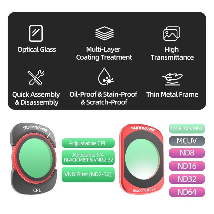 For DJI OSMO Pocket 3 Sunnylife Camera Lens Magnetic Metal Filter, MCUV, CPL, ND8, ND16, ND32, ND64, Black Mist 1/4, 3 in 1 Shadow Filter Set, 3 in 1 Portrait Filter Set, 3 in 1 CPL ND8/16, 3 in 1 Protective Filter Set, 4 in 1 ND8/16/32/64