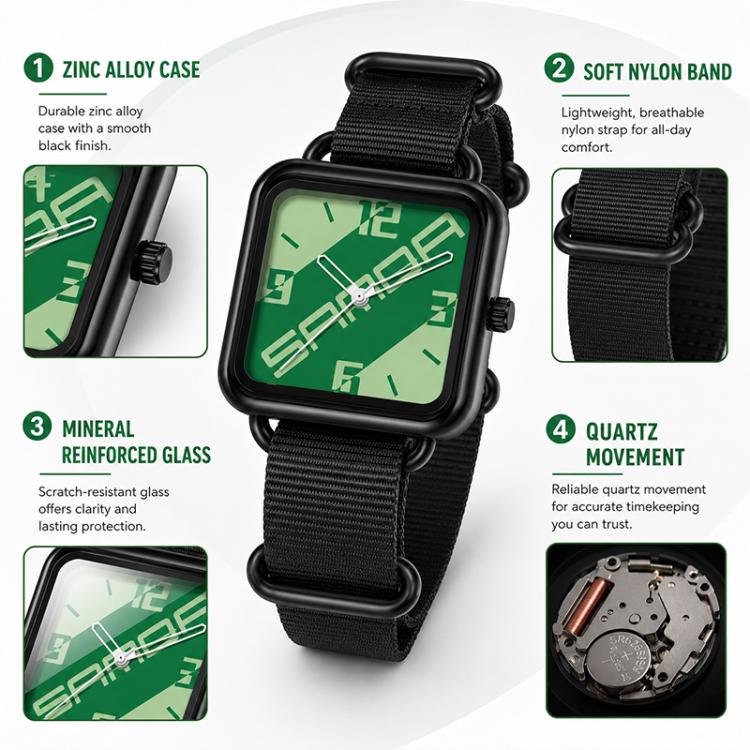 SANDA 3261 Colorful Casual 5ATM Water-Resistant Student Quartz Watch, Nylon Beige, Nylon Black, Nylon Green