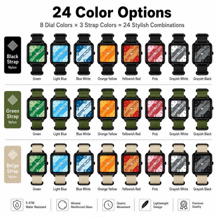 SANDA 3261 Colorful Casual 5ATM Water-Resistant Student Quartz Watch, Nylon Beige, Nylon Black, Nylon Green