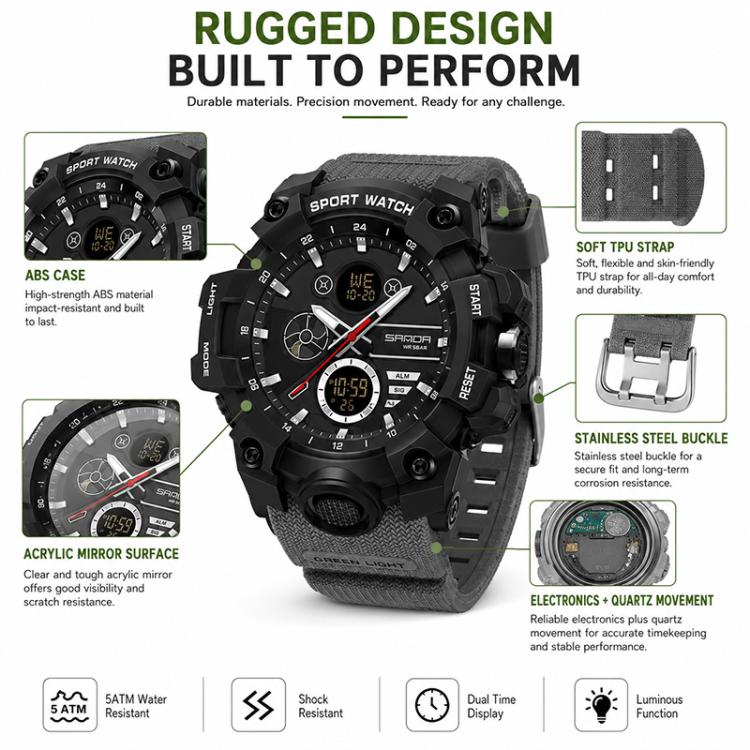 SANDA 9094 Multifunctional Sports 5ATM Waterproof Luminous Electronic Watch