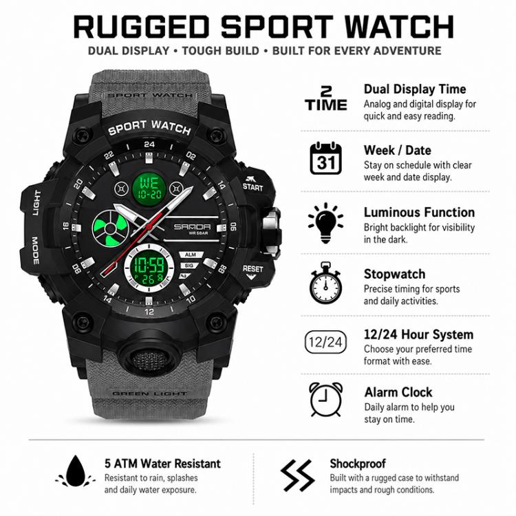 SANDA 9094 Multifunctional Sports 5ATM Waterproof Luminous Electronic Watch
