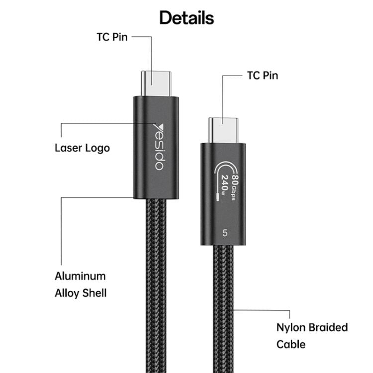 Yesido CA211 240W 16K 60Hz Type-C to Type-C Thunderbolt 5 Full Function Data Cable, 1m