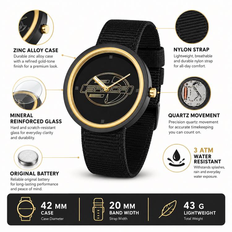 SANDA 3202 Slim Silent 3ATM Waterproof Student Watch with Nylon Strap