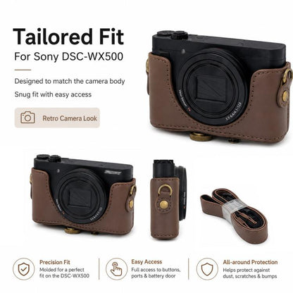 Full Body Retro Vegan Leather Camera Case Bag with Strap, For Sony DSC-WX500