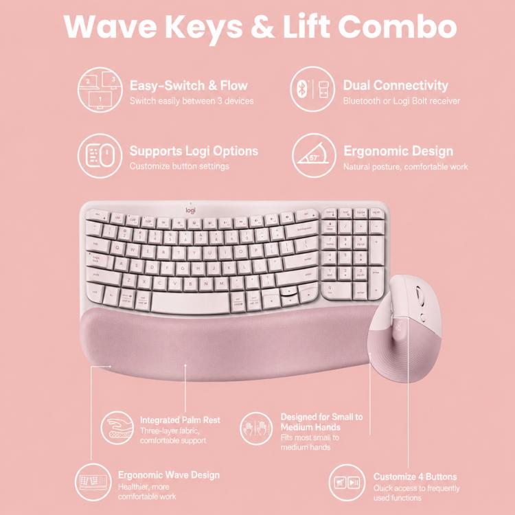Logitech WAVE KEYS LIFT COMBO Wireless Ergonomic Keyboard Mouse Set