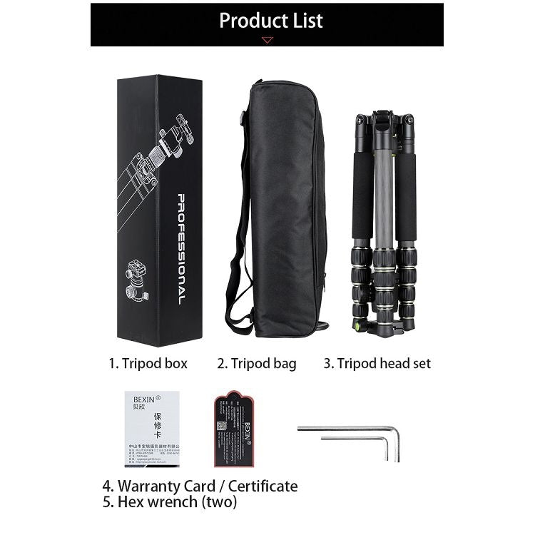 BEXIN BX255C K30 Portable Carbon Fiber Tripod for Camera Dslr, BX255C