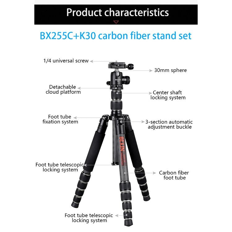 BEXIN BX255C K30 Portable Carbon Fiber Tripod for Camera Dslr, BX255C