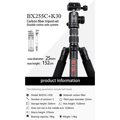 BEXIN BX255C K30 Portable Carbon Fiber Tripod for Camera Dslr, BX255C