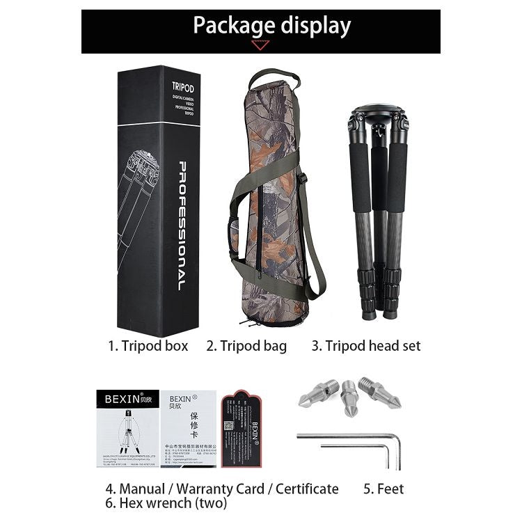 BEXIN ST364C Rugged Camcorder Photographic Carbon Fiber Big Tripod, Max Tube: 36mm, ST364C