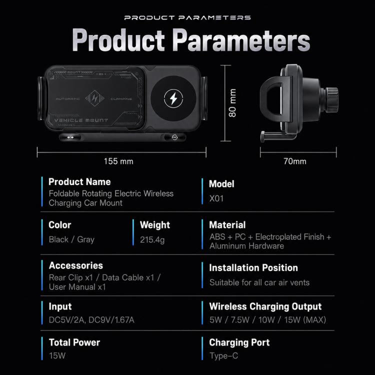 X01 2 In 1 Car Dual Coil 15W Wireless Charger Rotating Navigation Bracket, Bracket + Air Vent Base, Bracket + Dashboard Base, Bracket + Air Vent Base + Dashboard Base