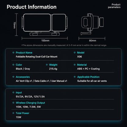 X06 Foldable Screen 15W Wireless Charger Rotating Navigation Bracket, Bat Bracket, Grey Bracket + Tripod, Black Bracket + Tripod, Black Bracket + Suction Cup, Only Black Bracket, Grey Bracket + Suction Cup, Only Grey Bracket