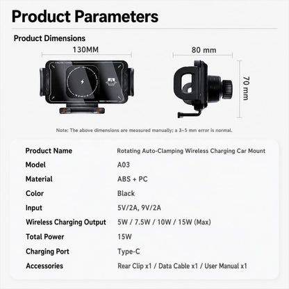 A03 Car Single Coil 15W Wireless Charger Rotating Navigation Bracket, A03 (Black)