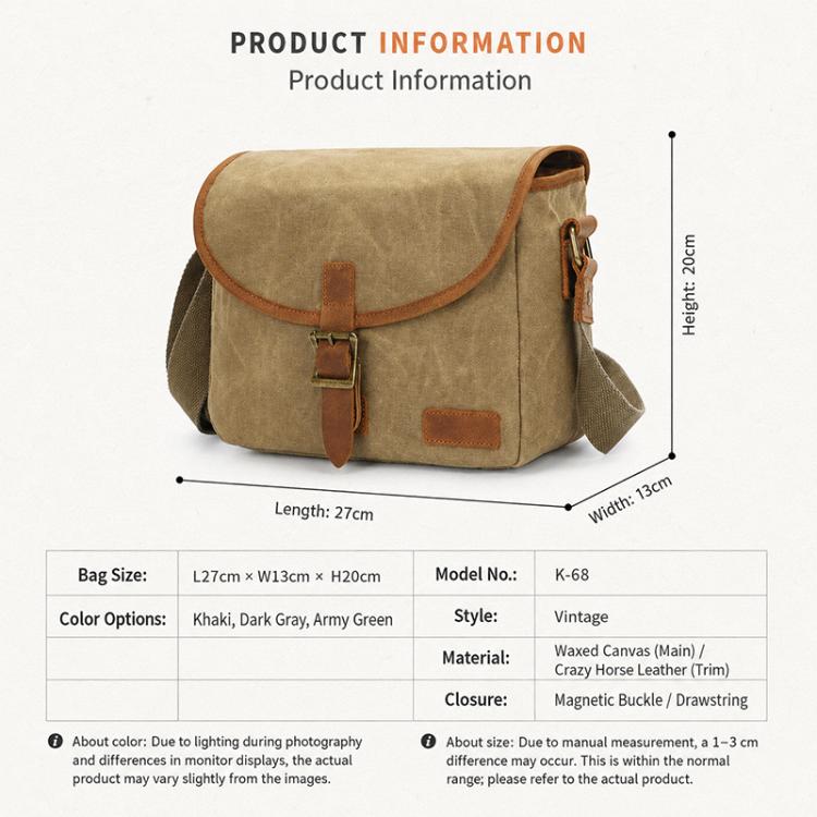Canvas DSLR Camera Messenger Bag Shockproof Large Capacity Bag, 27 x 20 x 13cm