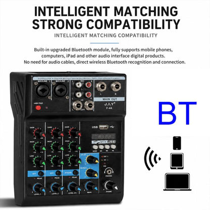 F-4A Multi-function Professional 4-way Recording Mixer Bluetooth Live Streaming Sound Card, EU Plug, UK Plug, US Plug, without Plug