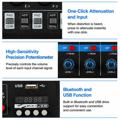 F-5A Multi-function Professional 5-way Recording Mixer Bluetooth Live Streaming Sound Card, EU Plug, UK Plug, US Plug