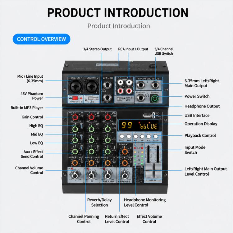 TP-6M 6-Channel Multi-function Professional Recording Mixer Bluetooth Sound Card, EU Plug, UK Plug, US Plug