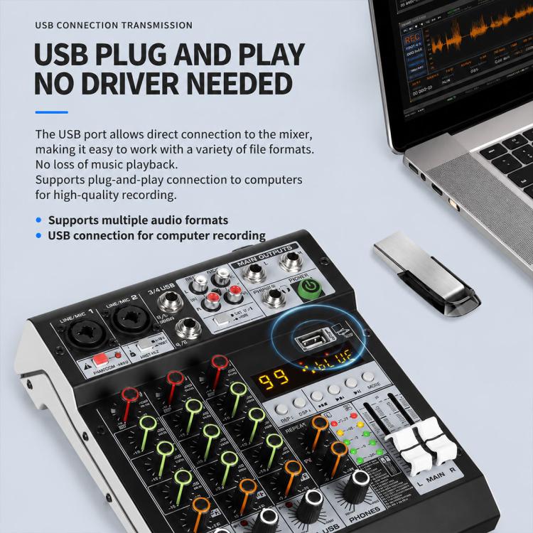 TP-6M 6-Channel Multi-function Professional Recording Mixer Bluetooth Sound Card, EU Plug, UK Plug, US Plug