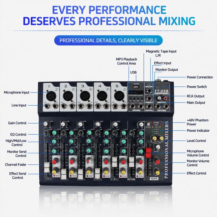 F7 7-Channel Multi-function Professional Bluetooth Live Streaming Mixer, EU Plug, UK Plug, US Plug