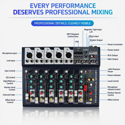 F7 7-Channel Multi-function Professional Bluetooth Live Streaming Mixer, EU Plug, UK Plug, US Plug
