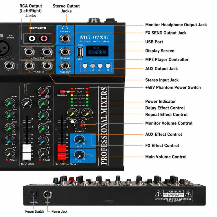 MG-07 7-Channel Multi-function Professional Bluetooth Live Streaming Recording Mixer, EU Plug, UK Plug, US Plug