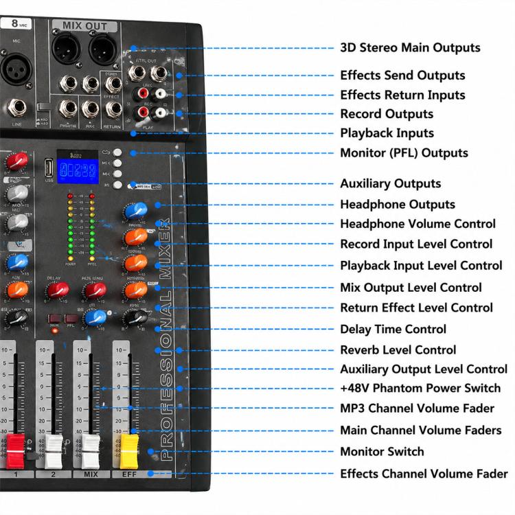 CT-8 8-Channel Professional Bluetooth Mixer USB Sound Card, EU Plug, UK Plug, US Plug