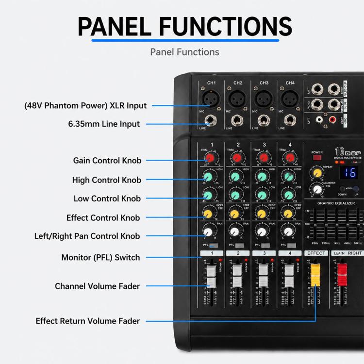 602D 6-Channel Multi-function Professional Bluetooth Mixer with Amplifier, EU Plug, UK Plug, US Plug