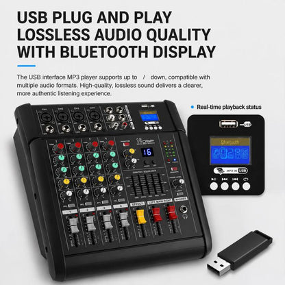 602D 6-Channel Multi-function Professional Bluetooth Mixer with Amplifier, EU Plug, UK Plug, US Plug