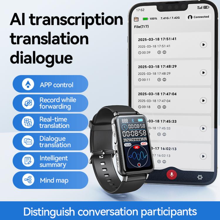 S18A 1.47-inch Screen AI Dialogue Translation Voice Recording Bracelet Support AIREC-APP, 8GB, 16GB, 32GB, 64GB, 128GB