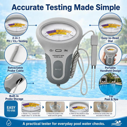 2 in 1 Portable Swimming Pool Water Quality Tester PH Tester, 2 in 1
