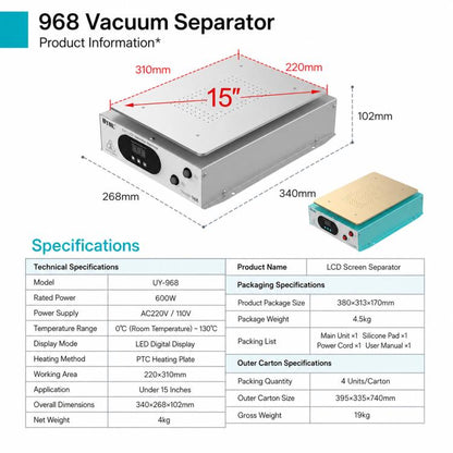 UYUE 968 15-inch LCD Screen Separator Machine Built-in Vacuum Pump, US Plug, EU Plug