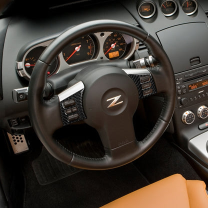 Car Carbon Fiber Steering Wheel Button Frame Decorative Sticker for Nissan 350z 2006-2009, Steering Wheel Button Frame