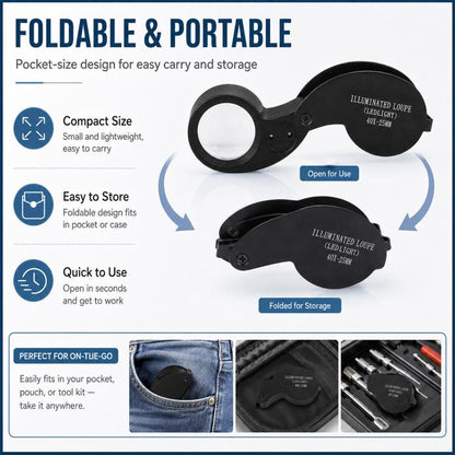 21011 Portable Foldable 40x Magnifying Glass with LED Light