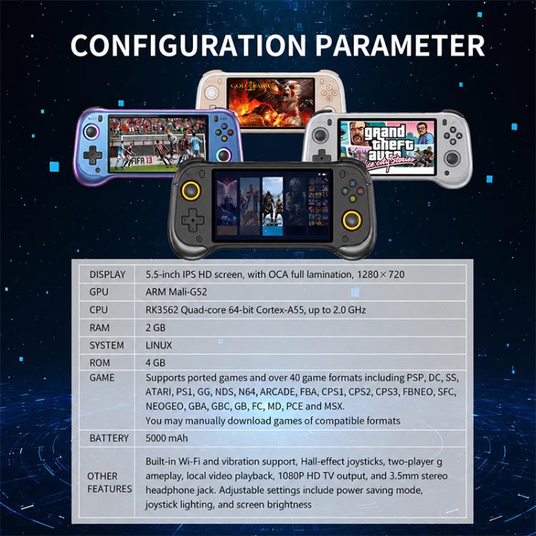 H55 Pro 5.5-inch IPS Screen Handheld Game Console Supports 40+ Emulators, 64G, 128G