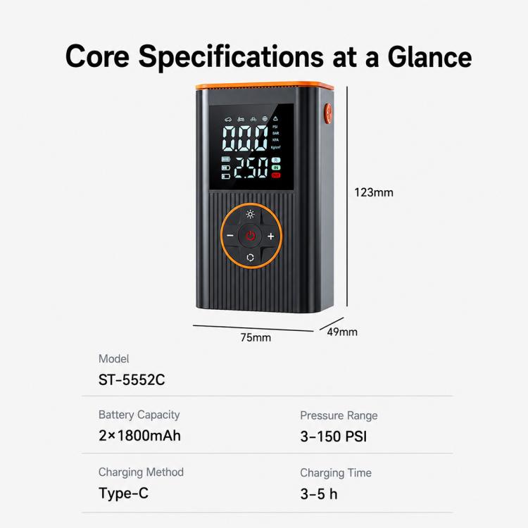 SUITU ST-5552 Car Digital Display Wireless Tire Inflatable Pump Electric Air Tire Inflator, USB, USB+DC