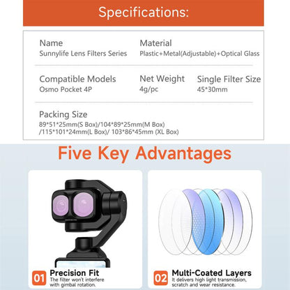 For DJI Osmo Pocket 4P Sunnylife Camera Lens Filter, MCUV, CPL, ND8, ND16, ND32, ND64, ND8/PL, ND16/PL, ND32/PL, ND64/PL, Black Mist 1/4, 3 in 1 Shadow Filter Set, 3 in 1 Mixed Filter Set, 4 in 1 ND/PL Set, 4 in 1 ND Set, 4 in 1 Mixed Filter Set