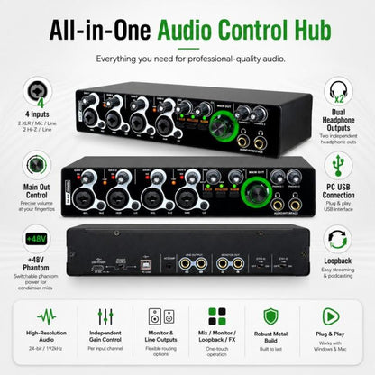 XTUGA E-44 4 In-2 Out 24Bit 192kHz Professional USB Audio Interface Recording Sound Card, E-44