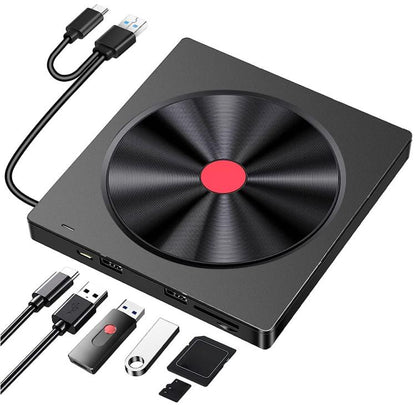 CD Burner External Optical Drive for Laptops, 5-in-1 CD Pattern, Red Dot Red Border