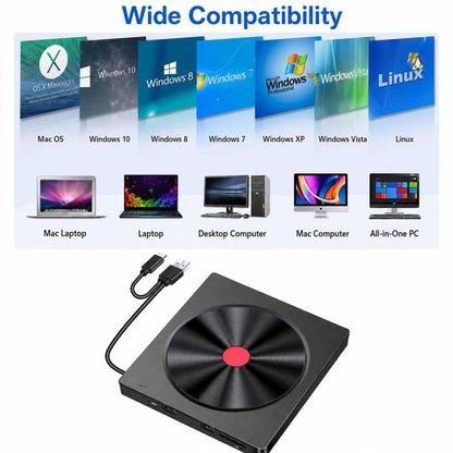 CD Burner External Optical Drive for Laptops, 5-in-1 CD Pattern, Red Dot Red Border