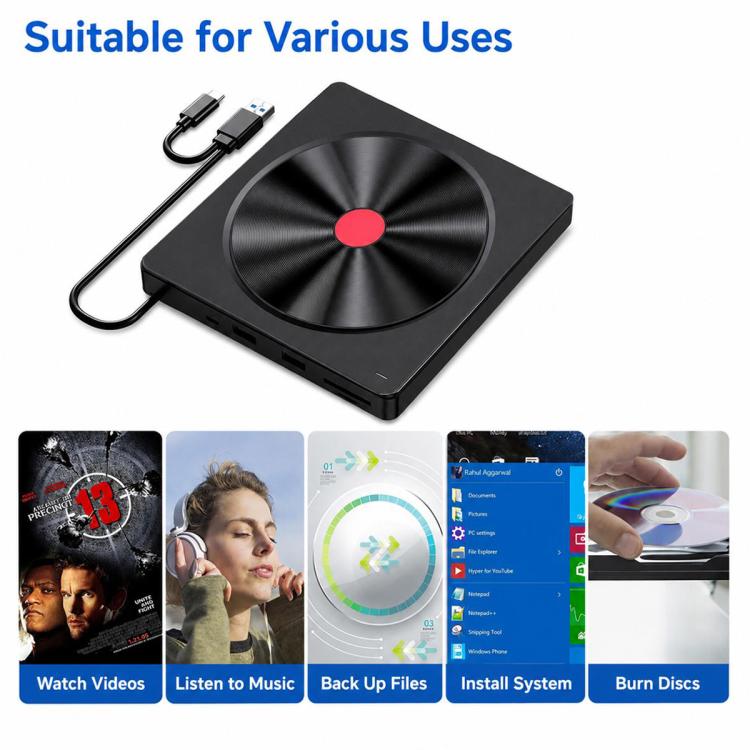 CD Burner External Optical Drive for Laptops, 5-in-1 CD Pattern, Red Dot Red Border