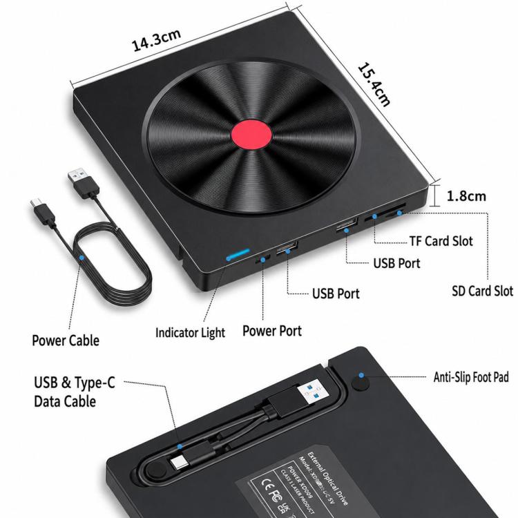 CD Burner External Optical Drive for Laptops, 5-in-1 CD Pattern, Red Dot Red Border