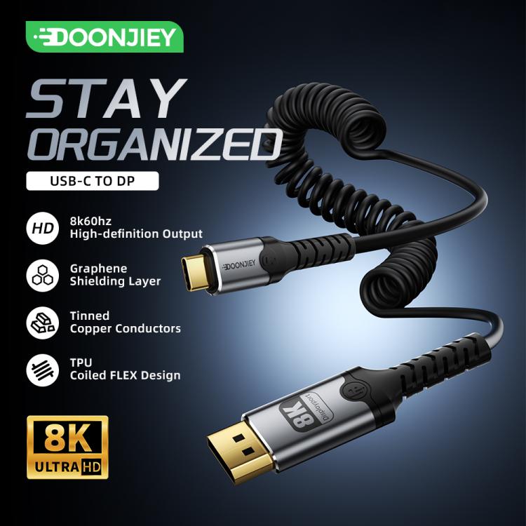 DOONJIEY Type-C to DisplayPort 2.1 UHD 8K 60Hz Audio & Video Mirroring Coiled Cable, Type-C to DP 8K
