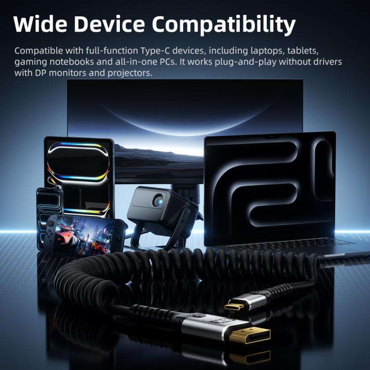 DOONJIEY Type-C to DisplayPort 2.1 UHD 8K 60Hz Audio & Video Mirroring Coiled Cable, Type-C to DP 8K