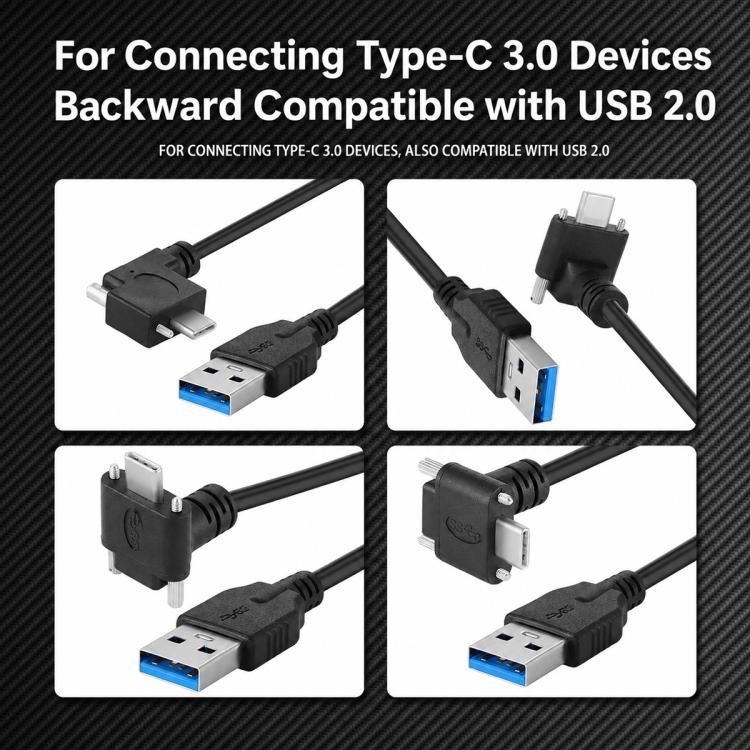 USB 3.0 Male to Right Angle USB-C / Type-C 3.1 Data Cable with Screw-lock, 0.3m, 0.5m, 1m, 2m