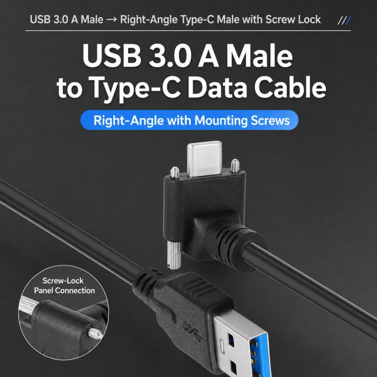 USB 3.0 Male to Right Angle USB-C / Type-C 3.1 Data Cable with Screw-lock, 0.3m, 0.5m, 1m, 2m